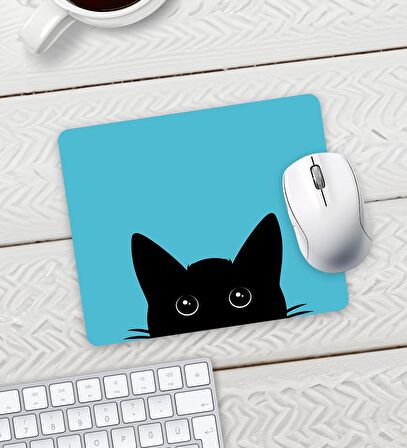 Mavi Renk Kedi Baskılı Mouse Pad 23x19cm Fare Altlığı Kaydırmaz Taban