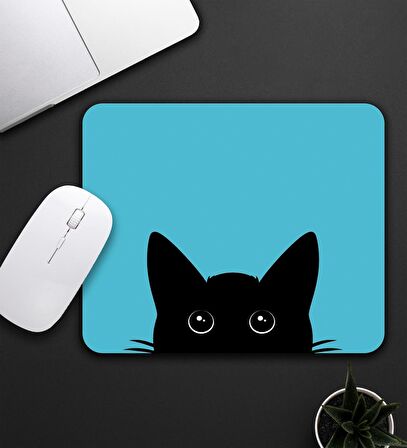 Mavi Renk Kedi Baskılı Mouse Pad 23x19cm Fare Altlığı Kaydırmaz Taban