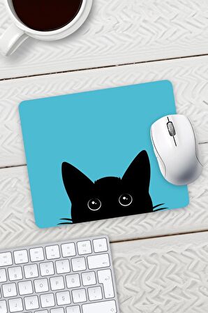 Mavi Renk Kedi Baskılı Mouse Pad 23x19cm Fare Altlığı Kaydırmaz Taban