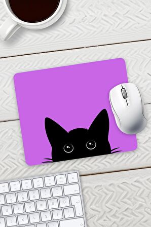 Mor Renk Kedi Baskılı Mouse Pad 23x19cm Fare Altlığı Kaydırmaz Taban