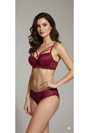 Dolgulu Çapraz Dantelli Ayarlanabilir Askı Sütyen Külot İç Çamaşır Takımı