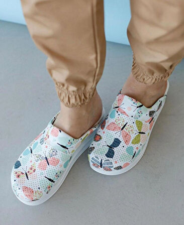 Ortopedik Sabo Terlik Doktor Hemşire Hastane Aşçı Terliği Kadın Kelebek Desenli