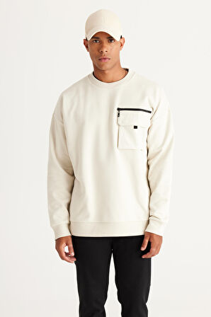 Erkek Bej Oversize Bol Kesim Içi Polarlı Iplik Bisiklet Yaka %100 Pamuk Sweatshirt
