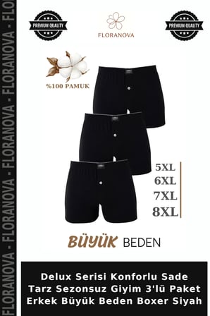 Delux Serisi Konforlu Sade Tarz Sezonsuz Giyim 3'lü Paket Erkek Büyük Beden Boxer Siyah