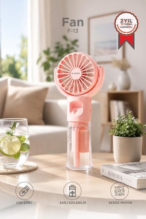 Premium Portatif Yazlık Vantilatör Şarjlı Su Buharlı Mini Masa Fan F13 Pembe