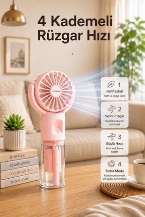 Premium Portatif Yazlık Vantilatör Şarjlı Su Buharlı Mini Masa Fan F13 Pembe