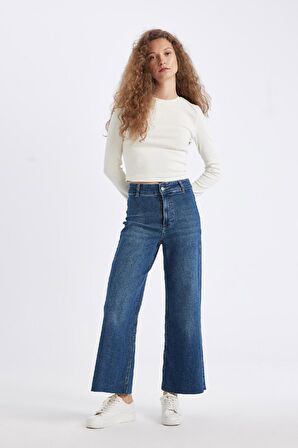 DeFacto Culotte Yüksek Bel Kısa Geniş Paça Jean Yıkamalı Pantolon D4327AX24AUNM34