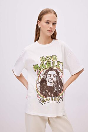 DeFacto Unisex Bob Marley One Love Oversize Geniş Kalıp Bisiklet Yaka Kısa Kollu Tişört C5039AX24SMWT32