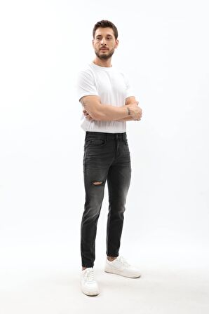 Erkek Slim Fit Yırtık Detay Antrasit Jean Pantolon