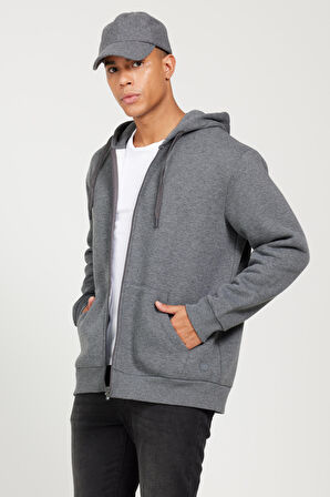 Erkek Antrasit-melanj Standart Fit Normal Kesim Kapüşonlu Fermuarlı Sweatshirt Ceket