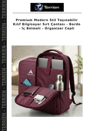 Premium Modern Stil Taşınabilir Kılıf Bilgisayar Sırt Çantası - Bordo - İç Bölmeli - Organizer Cepli