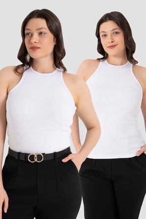 Premium Kadın Pamuklu Fitilli Halter Yaka Beyaz Atlet 2'li Tekstil Sade Bluz