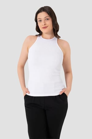 Premium Kadın Pamuklu Fitilli Halter Yaka Beyaz Atlet 2'li Tekstil Sade Bluz
