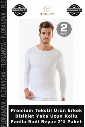 Premium Tekstil Ürün Erkek Bisiklet Yaka Uzun Kollu Fanila Badi Beyaz 2'li Paket