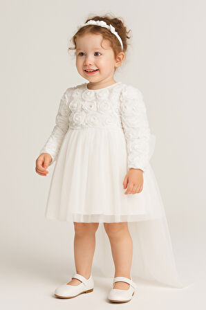 Kız Bebek Beyaz Elbise Uzun Kollu Fiyonklu Doğum Günü Parti Düğün Özel Gün Tüllü Astarlı Prenses 