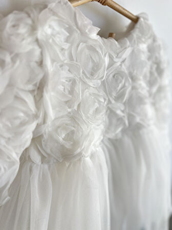 Kız Bebek Beyaz Elbise Uzun Kollu Fiyonklu Doğum Günü Parti Düğün Özel Gün Tüllü Astarlı Prenses 