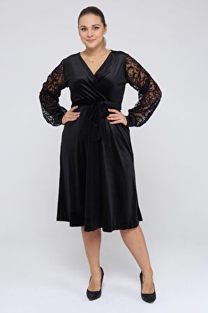 Büyük Beden Kruvaze Yaka Kadife Elbise 9E-2252