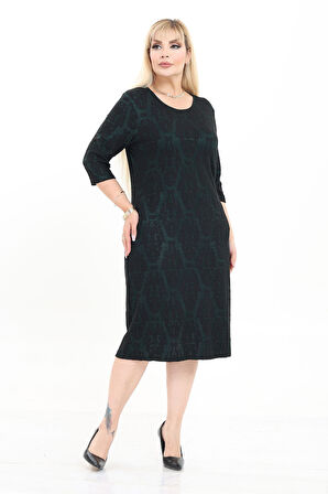 Çift Cepli Desenli Esnek Kışlık Büyük Beden Midi Elbise 9F-2719