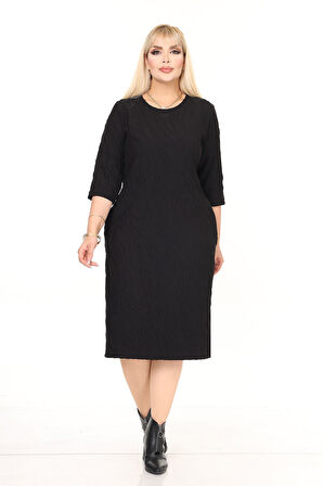 Çift Cepli Desenli Esnek Kışlık Büyük Beden Midi Elbise 9F-2731