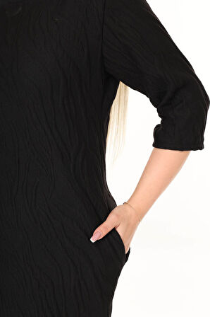 Çift Cepli Desenli Esnek Kışlık Büyük Beden Midi Elbise 9F-2731