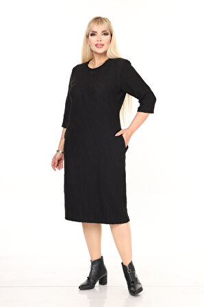 Çift Cepli Desenli Esnek Kışlık Büyük Beden Midi Elbise 9F-2731