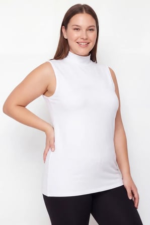 Bayan Giyim Kombin Parçası Alternatif Üst Kadın Büyük Beden Balıkçı Yaka Kolsuz Body Beyaz 8XL Beyaz