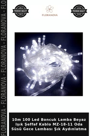 10m 100 Led Boncuk Lamba Beyaz Işık Şeffaf Kablo MZ-18-11 Oda Süsü Gece Lambası Şık Aydınlatma