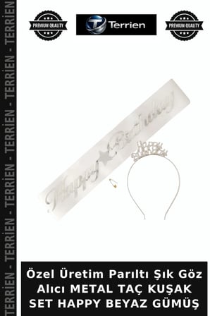 Özel Üretim Parıltı Şık Göz Alıcı METAL TAÇ KUŞAK SET HAPPY BEYAZ GÜMÜŞ