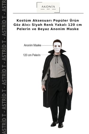 Kostüm Aksesuarı Popüler Ürün Göz Alıcı Siyah Renk Yakalı 120 cm Pelerin ve Beyaz Anonim Maske