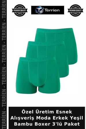 Özel Üretim Esnek Alışveriş Moda Erkek Yeşil Bambu Boxer 3'lü Paket