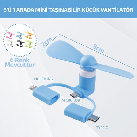 Premium Mobil Vantilatör Portatif Küçük Mini Telefon Fanı Lightning TypeC Micro USB