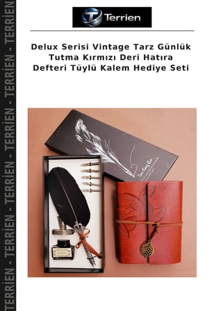 Delux Serisi Vintage Tarz Günlük Tutma Kırmızı Deri Hatıra Defteri Tüylü Kalem Hediye Seti