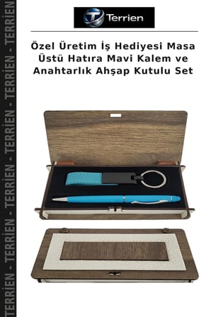 Özel Üretim İş Hediyesi Masa Üstü Hatıra Mavi Kalem ve Anahtarlık Ahşap Kutulu Set