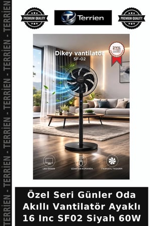Özel Seri Günler Oda Akıllı Vantilatör Ayaklı 16 Inc SF02 Siyah 60W