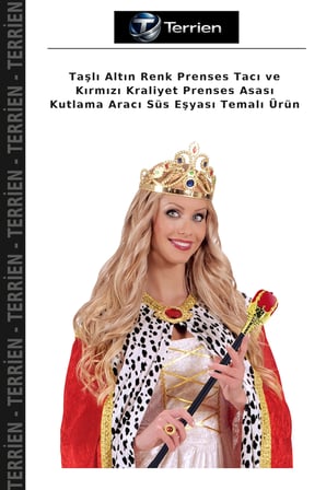 Taşlı Altın Renk Prenses Tacı ve Kırmızı Kraliyet Prenses Asası Kutlama Aracı Süs Eşyası Temalı Ürün