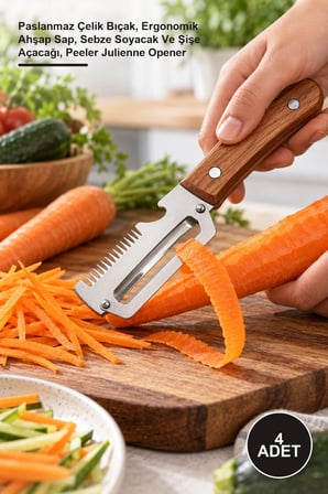 4 Adet Çok Amaçlı Jülyen Bıçağı – Paslanmaz Çelik Bıçak, Ergonomik Ahşap Sap, Sebze Soyacak Ve Şişe Açacağı, Peeler Julienne Opener