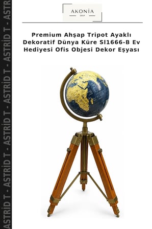 Premium Ahşap Tripot Ayaklı Dekoratif Dünya Küre Sl1666-B Ev Hediyesi Ofis Objesi Dekor Eşyası
