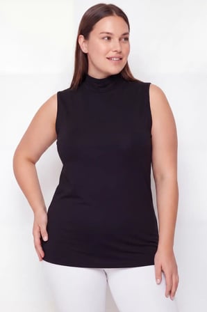 Kadın Büyük Beden Balıkçı Yaka Kolsuz Body Siyah 3'lü Paket Düz Renk Rahat Bluz Desensiz Giysi
