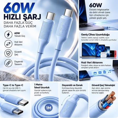 60W USB Type-C to Type-C Hızlı Şarj Kablosu, Premium Dokulu Silikon, 1M