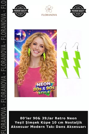 80’ler 90& 39;lar Retro Neon Yeşil Şimşek Küpe 10 cm Nostaljik Aksesuar Modern Takı Dans Aksesuarı