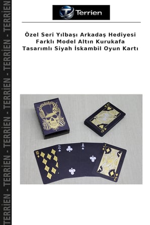 Özel Seri Yılbaşı Arkadaş Hediyesi Farklı Model Altın Kurukafa Tasarımlı Siyah İskambil Oyun Kartı