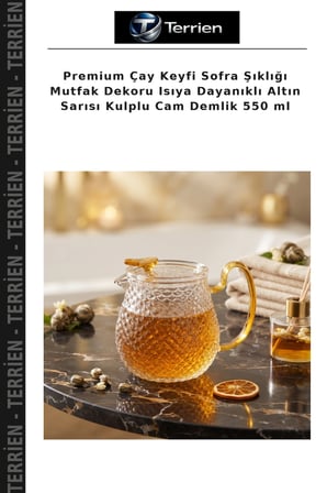 Premium Çay Keyfi Sofra Şıklığı Mutfak Dekoru Isıya Dayanıklı Altın Sarısı Kulplu Cam Demlik 550 ml