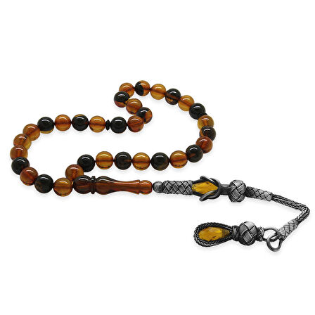 1000 Ayar Gümüş Kazaz Püsküllü Küre Kesim Sarı-Siyah Ateş Kehribar Tesbih