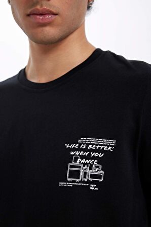 DeFacto %100 Pamuk Siyah Slim Fit Dar Kesim Bisiklet Yaka Baskılı Kısa Kollu Tişört C2132AX24AUBK81