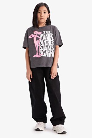 Kız Çocuk Pink Panther Oversize Geniş Kalıp Bisiklet Yaka Kısa Kollu Tişört