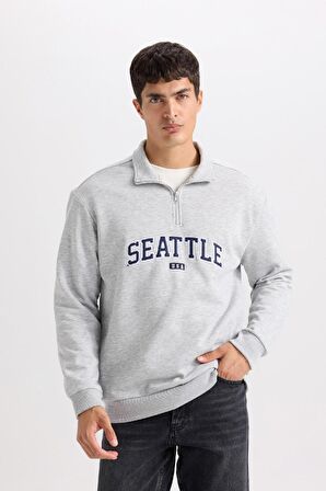 Relax Fit Fermuarlı Dik Yaka Baskılı Kalın Sweatshirt Kumaşı Sweatshirt