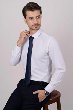 Gömlek Kravat Seti ( sunda Lacivert Düz Kravat & Beyaz Armür Slimfit Gömlek)