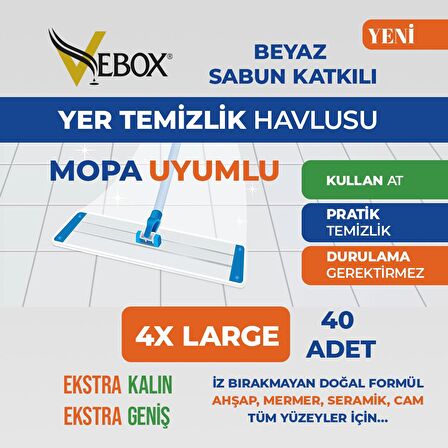 Vebox Easy Wet Wipes Beyaz Sabun Katkılı Mopa Uyumlu Yer Temizlik Havlusu 4XL 40 Yaprak