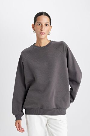 DeFacto Oversize Geniş Kalıp Bisiklet Yaka Kalın Basic Düz Sweatshirt V2697AZ24WNAR15