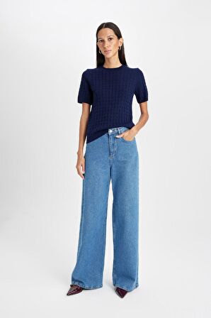 Kadın Gri Regular Fit Bisiklet Yaka Saç Örgülü Kısa Kollu Kazak